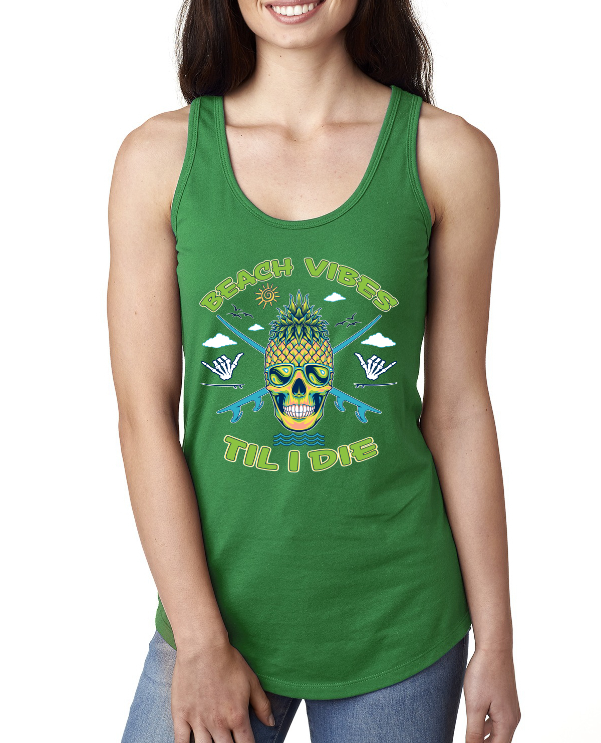 Beach Vibes Till Die Outdoor Ladies Racerback Tank Top - Picture 4 of 14