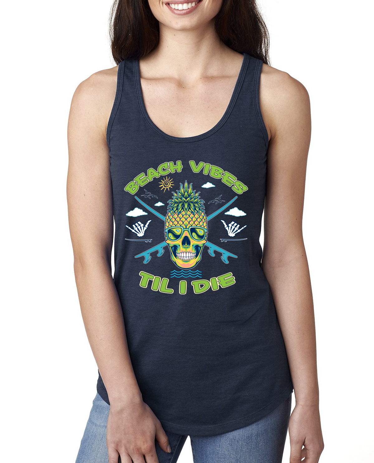 Beach Vibes Till Die Outdoor Ladies Racerback Tank Top - Picture 5 of 14