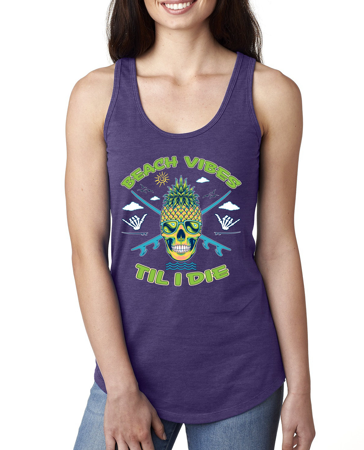 Beach Vibes Till Die Outdoor Ladies Racerback Tank Top - Picture 12 of 14