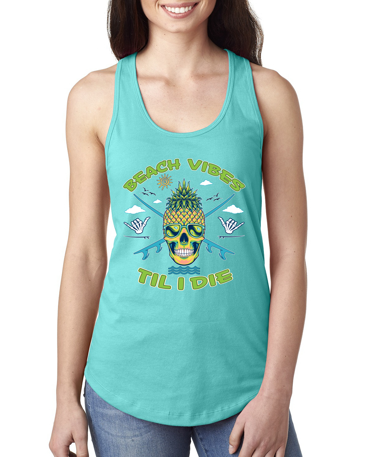 Beach Vibes Till Die Outdoor Ladies Racerback Tank Top - Picture 14 of 14