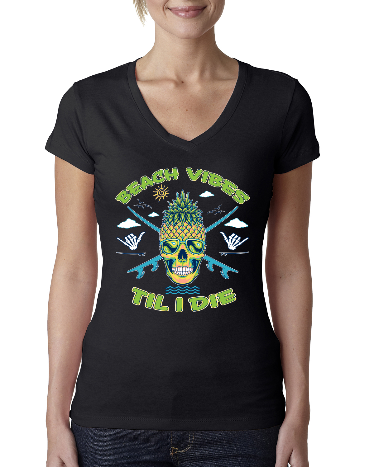 Beach Vibes Till Die Outdoor Women Junior Fit V-Neck Tee - Picture 2 of 12