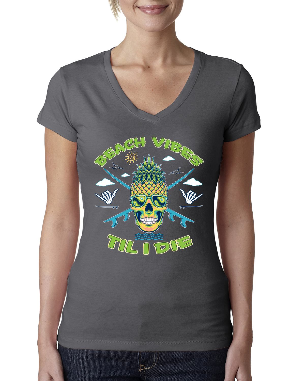Beach Vibes Till Die Outdoor Women Junior Fit V-Neck Tee - Picture 8 of 12