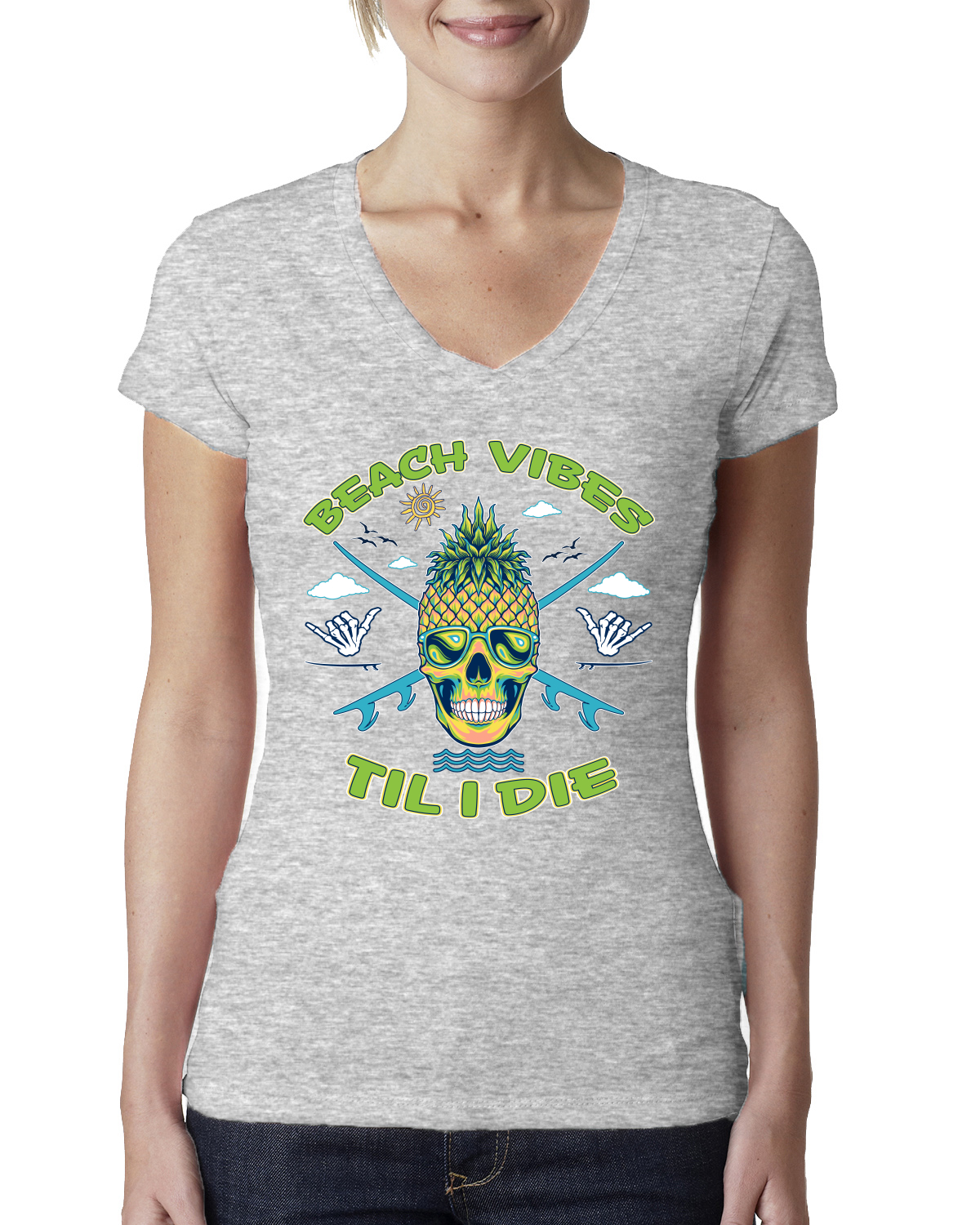 Beach Vibes Till Die Outdoor Women Junior Fit V-Neck Tee - Picture 3 of 12