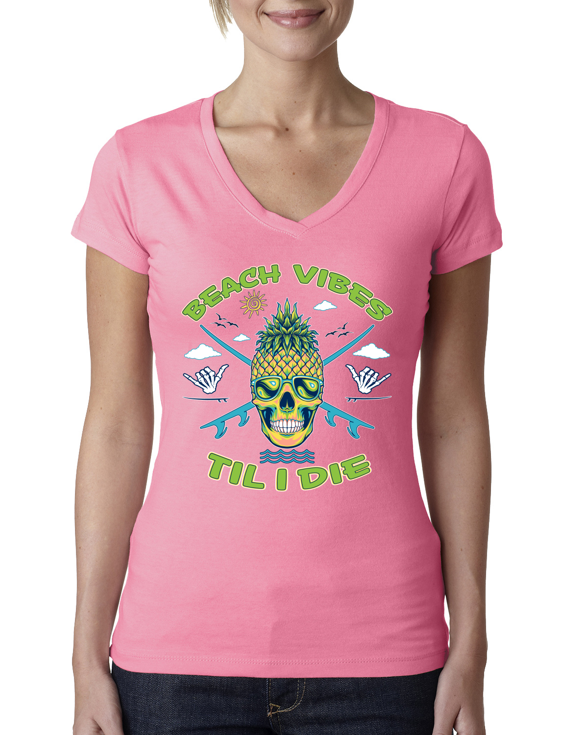 Beach Vibes Till Die Outdoor Women Junior Fit V-Neck Tee - Picture 9 of 12