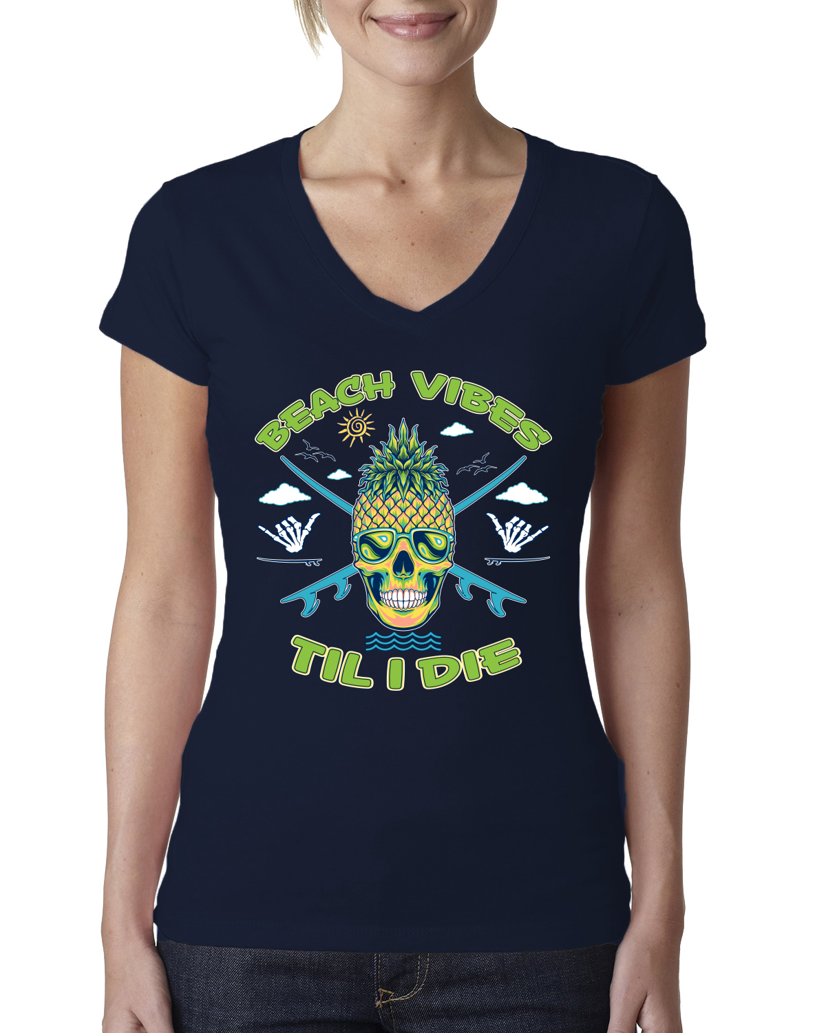 Beach Vibes Till Die Outdoor Women Junior Fit V-Neck Tee - Picture 4 of 12