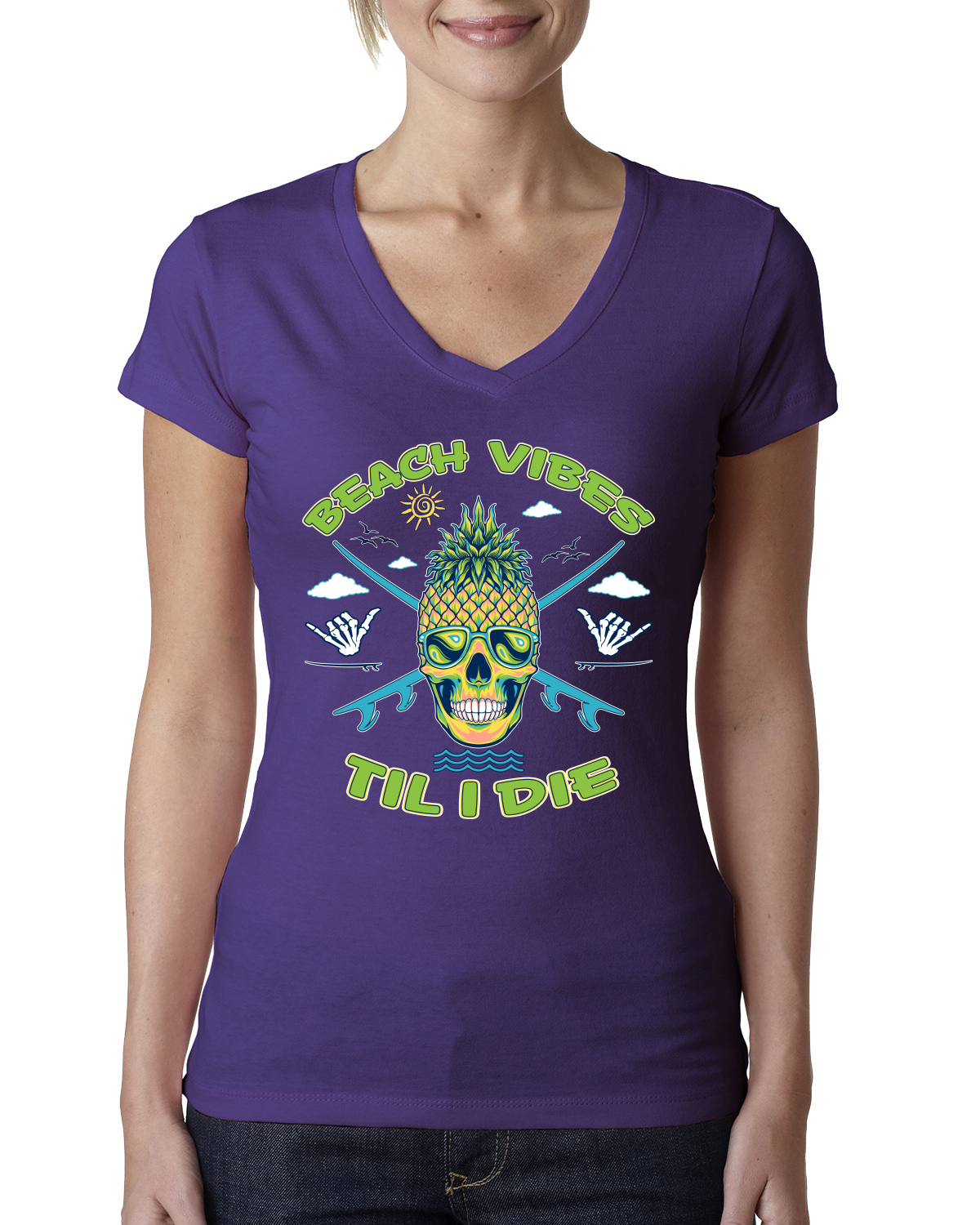 Beach Vibes Till Die Outdoor Women Junior Fit V-Neck Tee - Picture 10 of 12