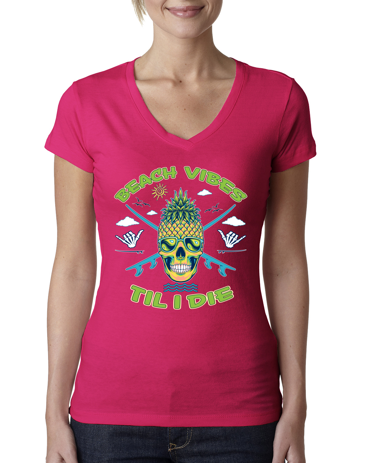 Beach Vibes Till Die Outdoor Women Junior Fit V-Neck Tee - Picture 11 of 12