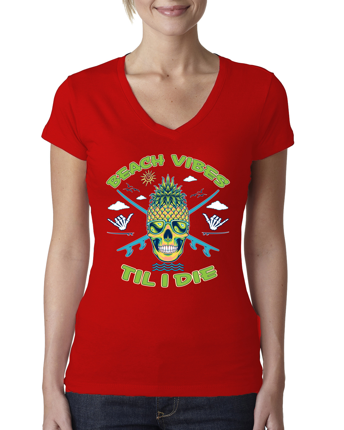 Beach Vibes Till Die Outdoor Women Junior Fit V-Neck Tee - Picture 5 of 12