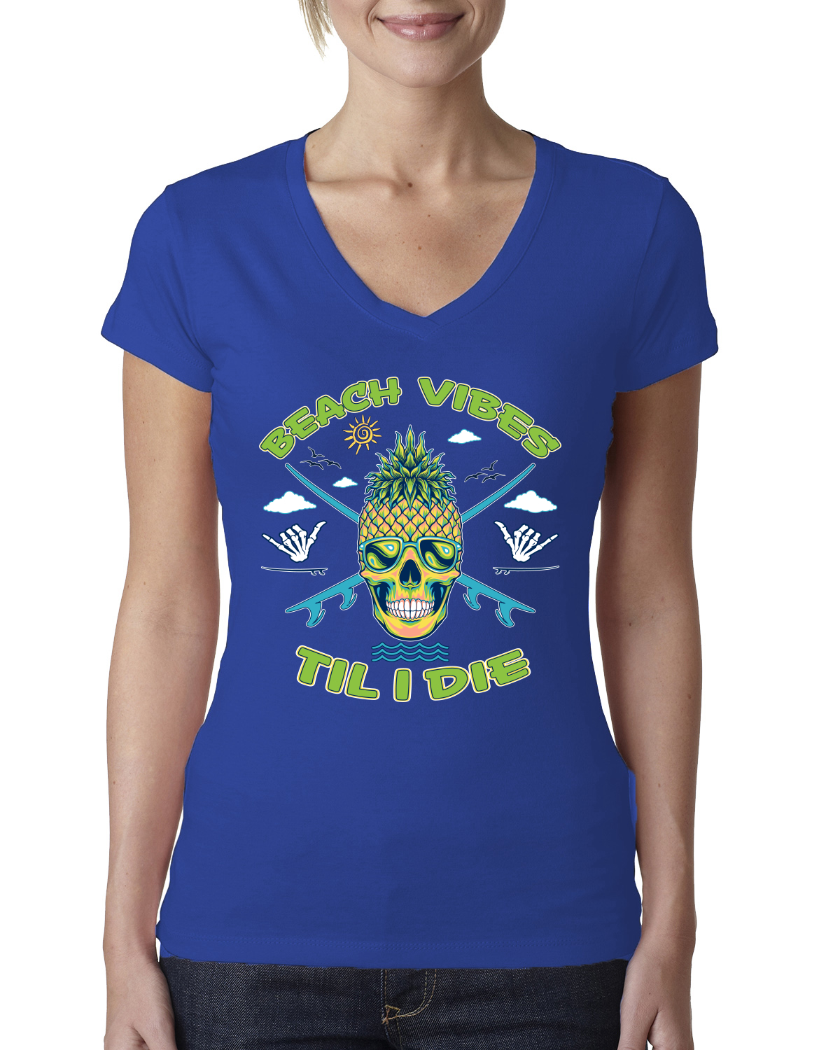 Beach Vibes Till Die Outdoor Women Junior Fit V-Neck Tee - Picture 6 of 12