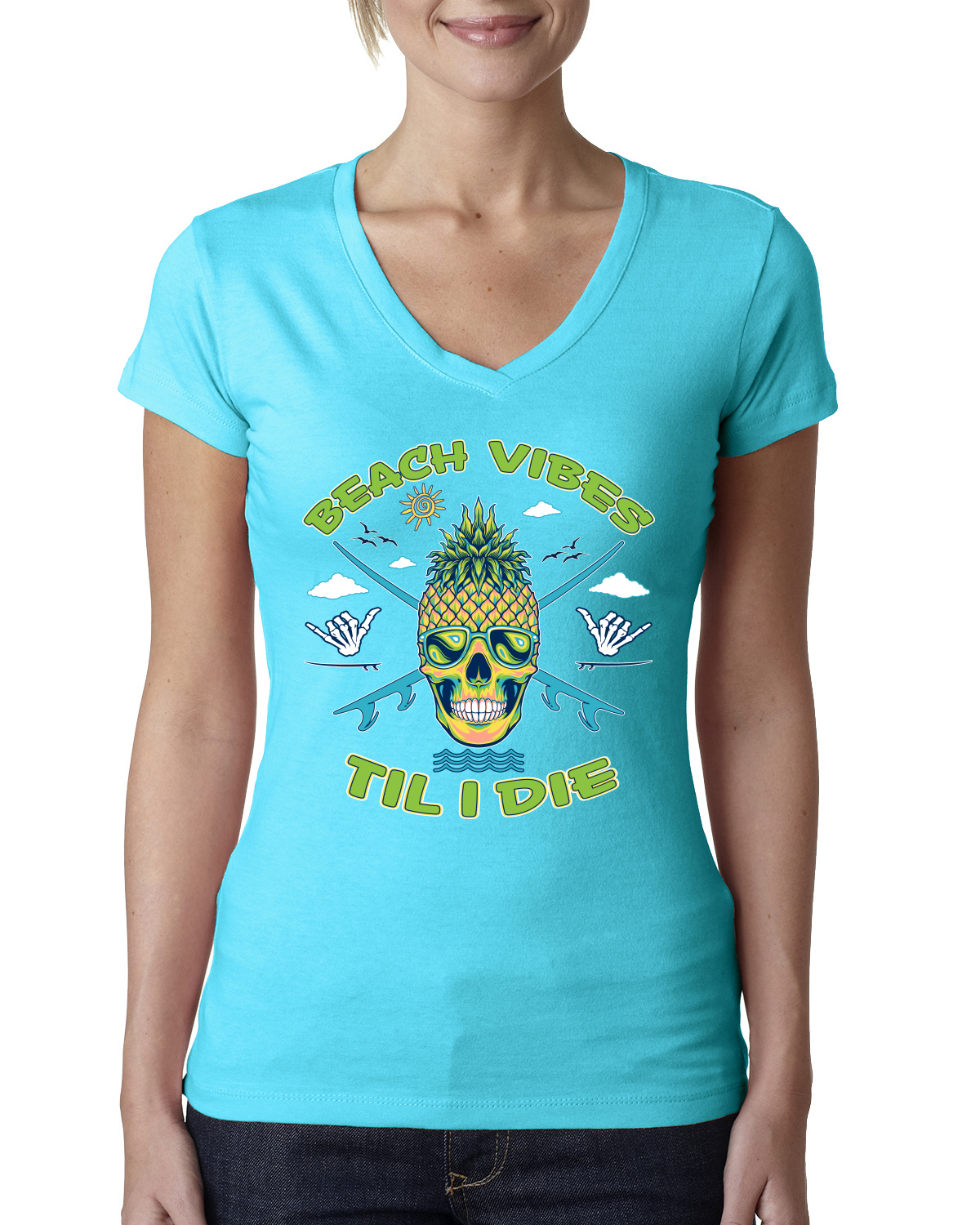 Beach Vibes Till Die Outdoor Women Junior Fit V-Neck Tee - Picture 12 of 12
