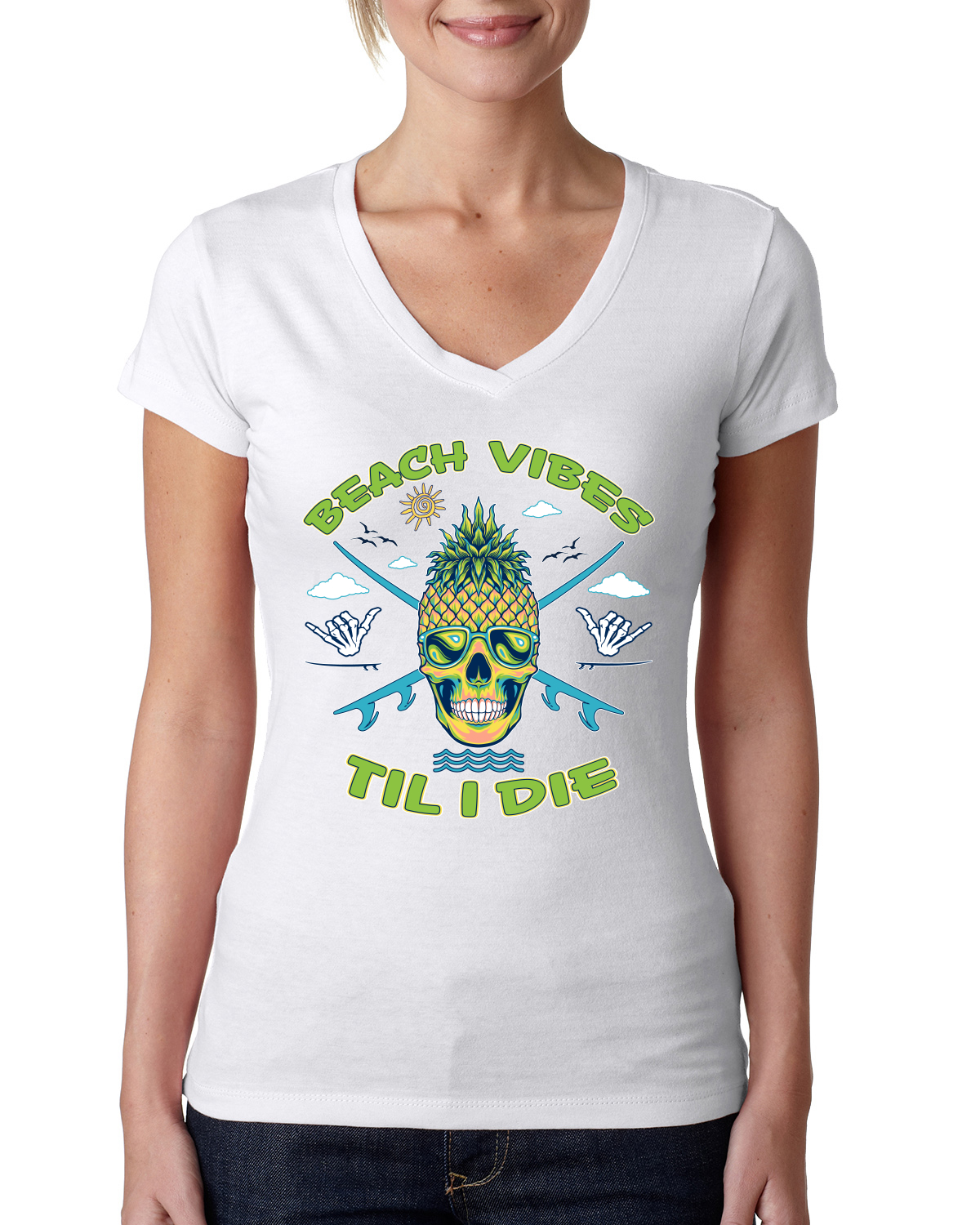 Beach Vibes Till Die Outdoor Women Junior Fit V-Neck Tee - Picture 7 of 12