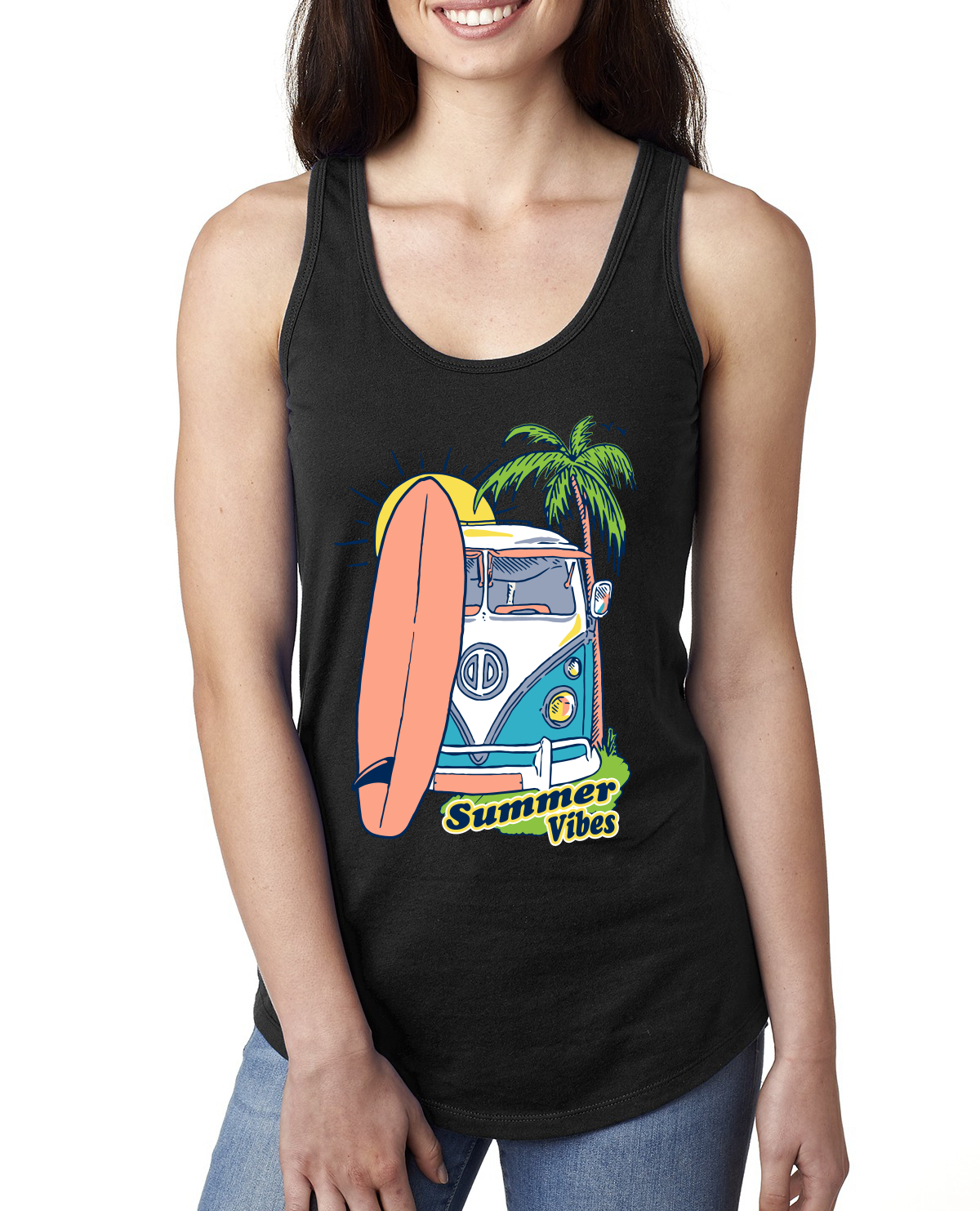 Beach Camp Surfing Summer Vibes Outdoor Ladies Racerback Tank Top