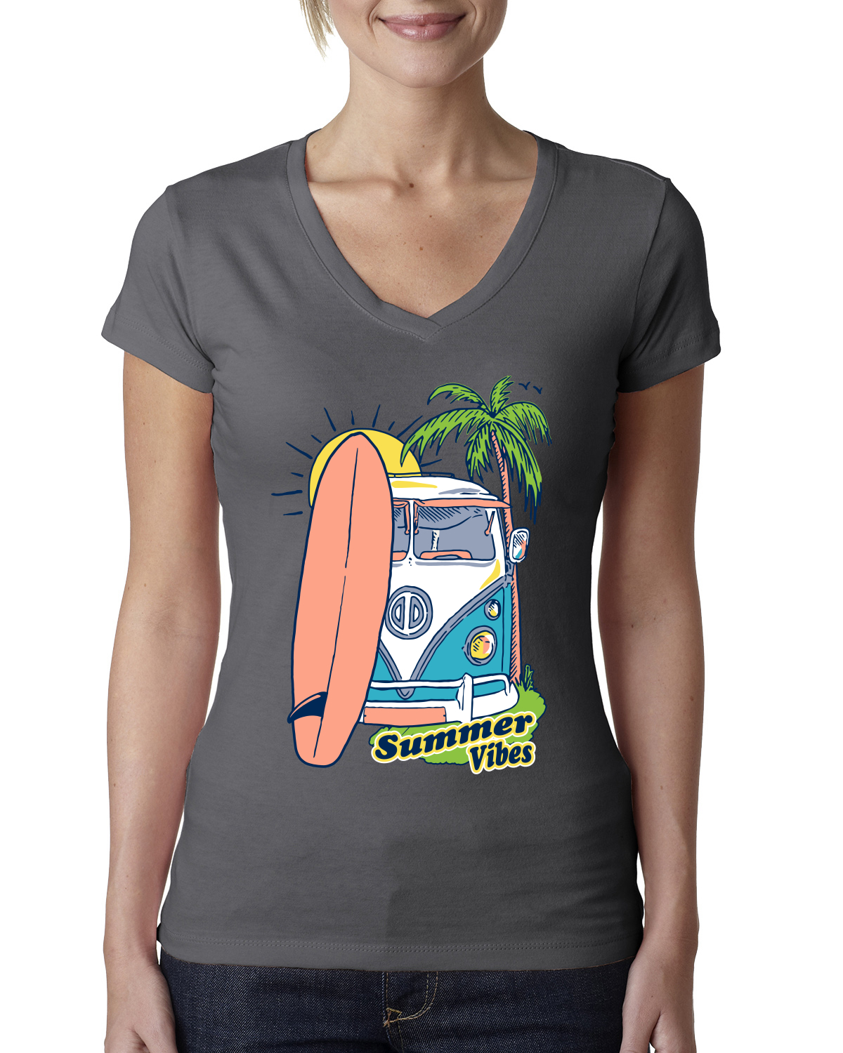 Beach Camp Surfen Sommer Vibes Outdoor Damen Junior Fit V-Ausschnitt T-Shirt - Bild 8 von 12