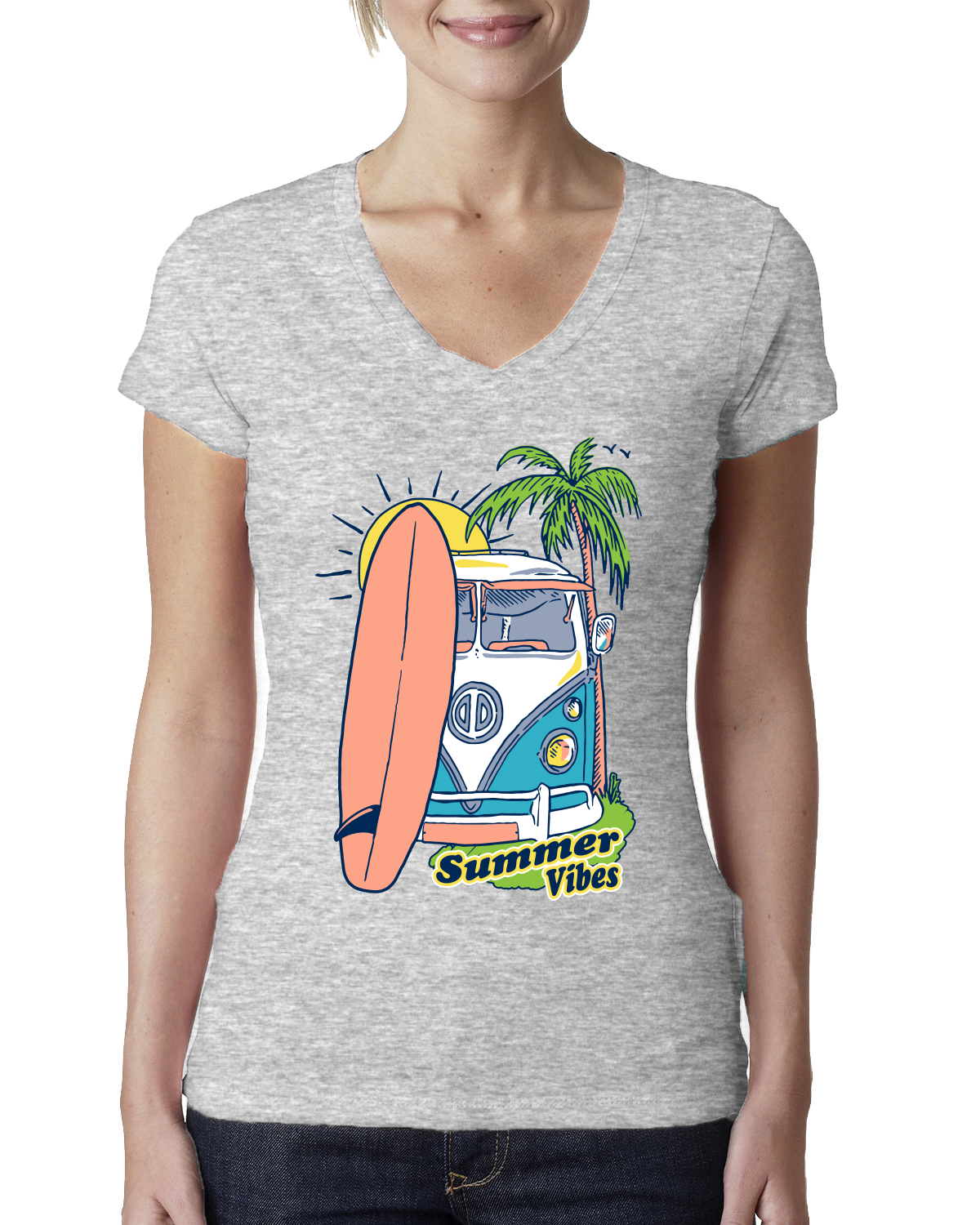 Beach Camp Surfen Sommer Vibes Outdoor Damen Junior Fit V-Ausschnitt T-Shirt - Bild 3 von 12