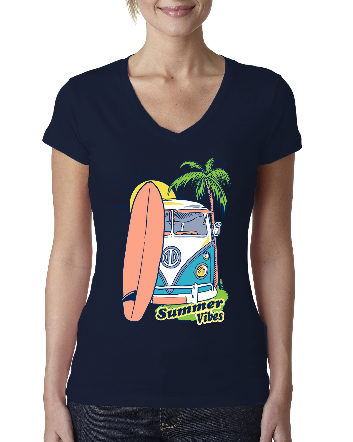 Beach Camp Surfen Sommer Vibes Outdoor Damen Junior Fit V-Ausschnitt T-Shirt - Bild 4 von 12
