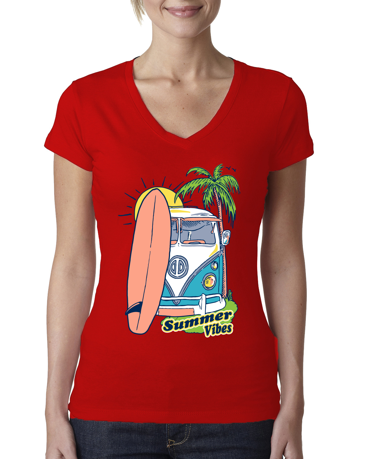 Beach Camp Surfen Sommer Vibes Outdoor Damen Junior Fit V-Ausschnitt T-Shirt - Bild 5 von 12