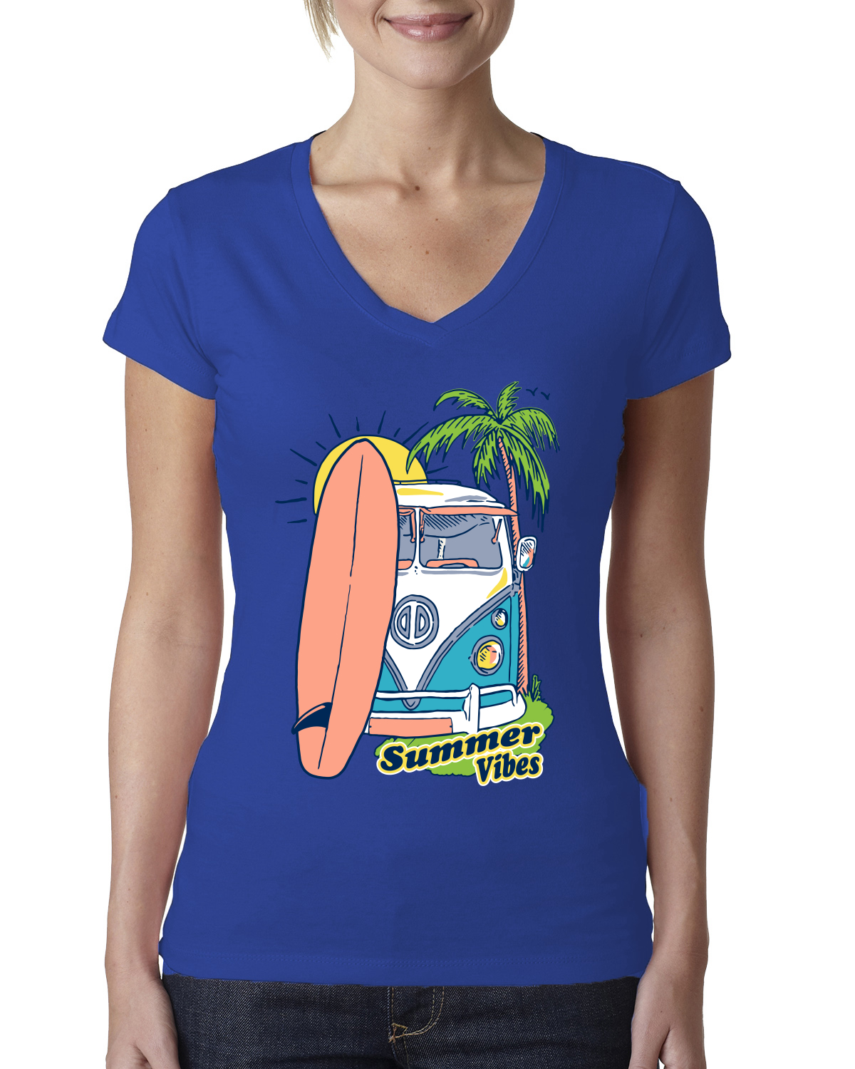 Beach Camp Surfen Sommer Vibes Outdoor Damen Junior Fit V-Ausschnitt T-Shirt - Bild 6 von 12