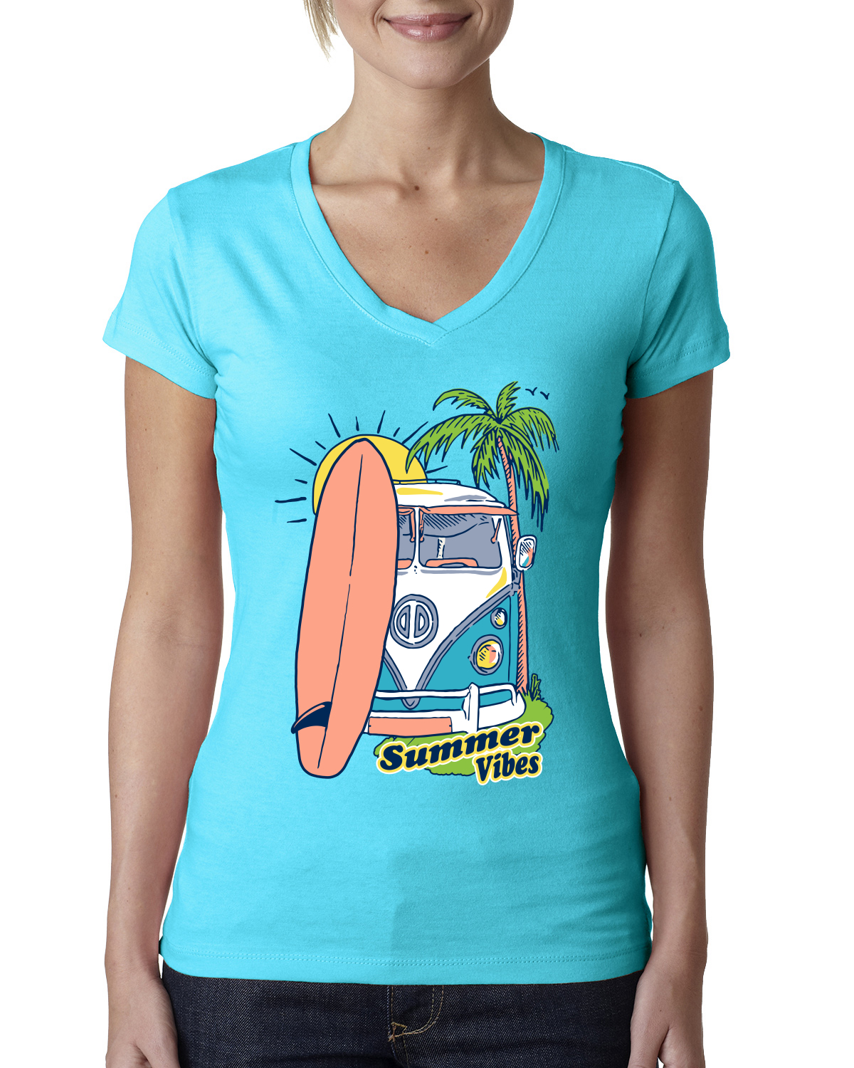 Beach Camp Surfen Sommer Vibes Outdoor Damen Junior Fit V-Ausschnitt T-Shirt - Bild 12 von 12