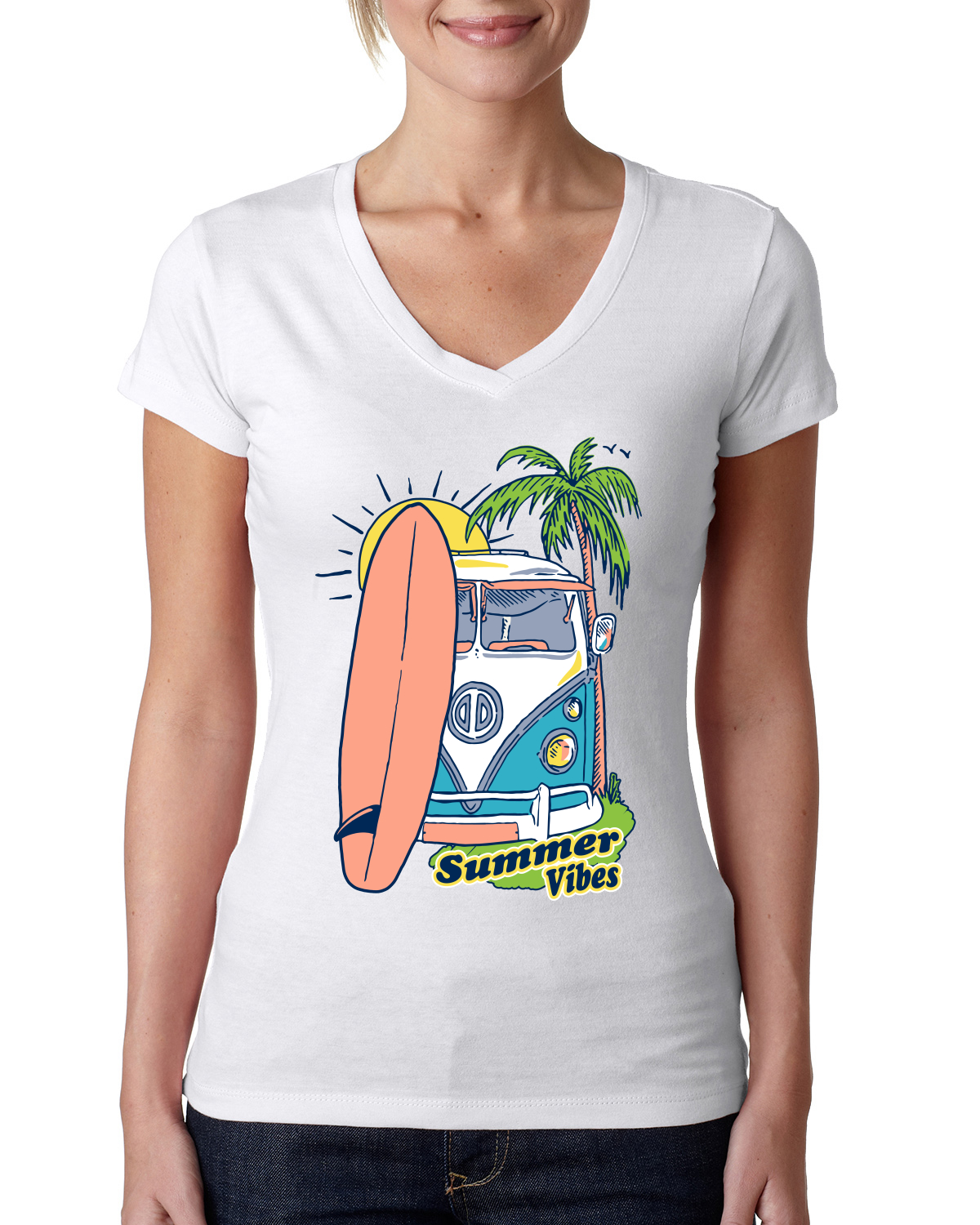 Beach Camp Surfen Sommer Vibes Outdoor Damen Junior Fit V-Ausschnitt T-Shirt - Bild 7 von 12