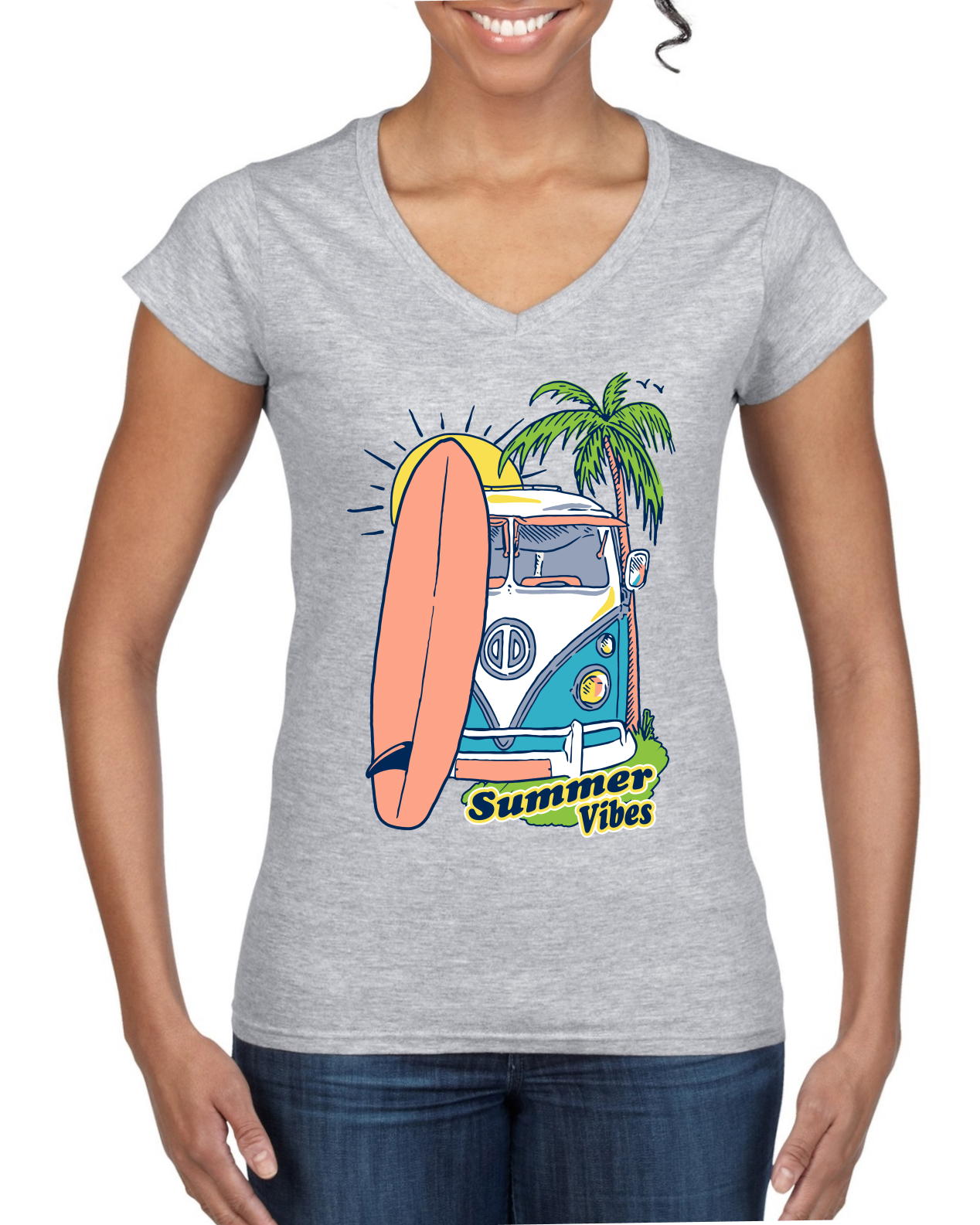Beach Camp Surfing Summer Vibes Outdoor Women Standard V-Neck Tee - Picture 3 of 7