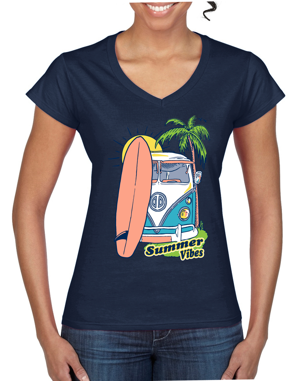 Beach Camp Surfing Summer Vibes Outdoor Women Standard V-Neck Tee - Picture 4 of 7