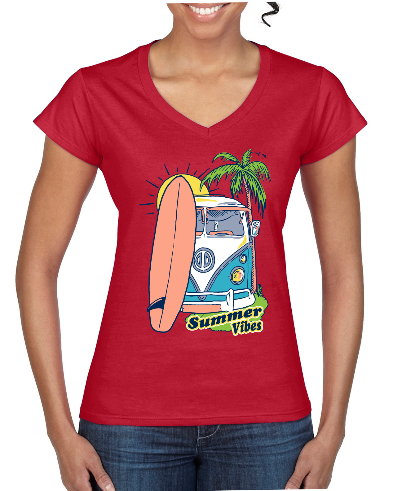 Beach Camp Surfing Summer Vibes Outdoor Women Standard V-Neck Tee - Picture 5 of 7