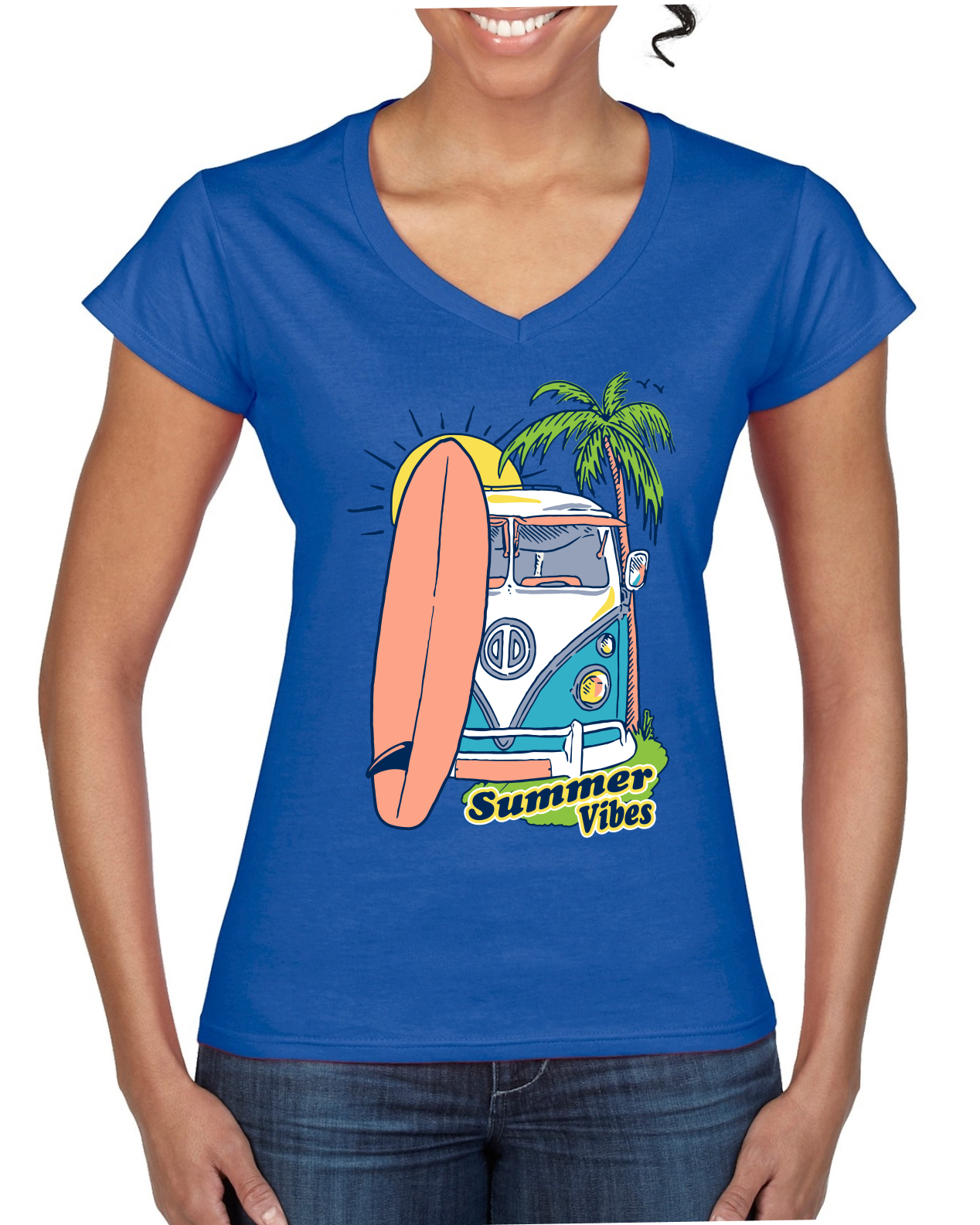 Beach Camp Surfing Summer Vibes Outdoor Women Standard V-Neck Tee - Picture 6 of 7