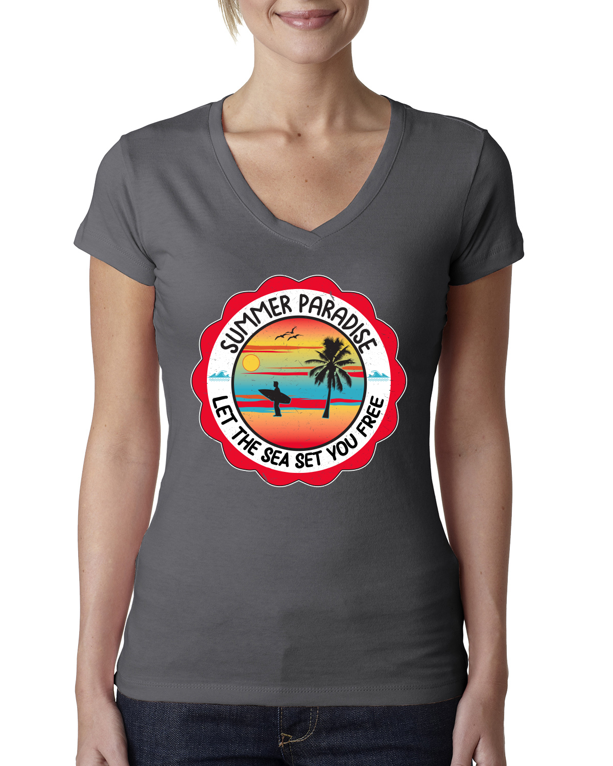 Camiseta Summer Paradise Let the Sea Set You Free Outdoor Mujeres Junior Fit cuello en V - Imagen 8 de 12