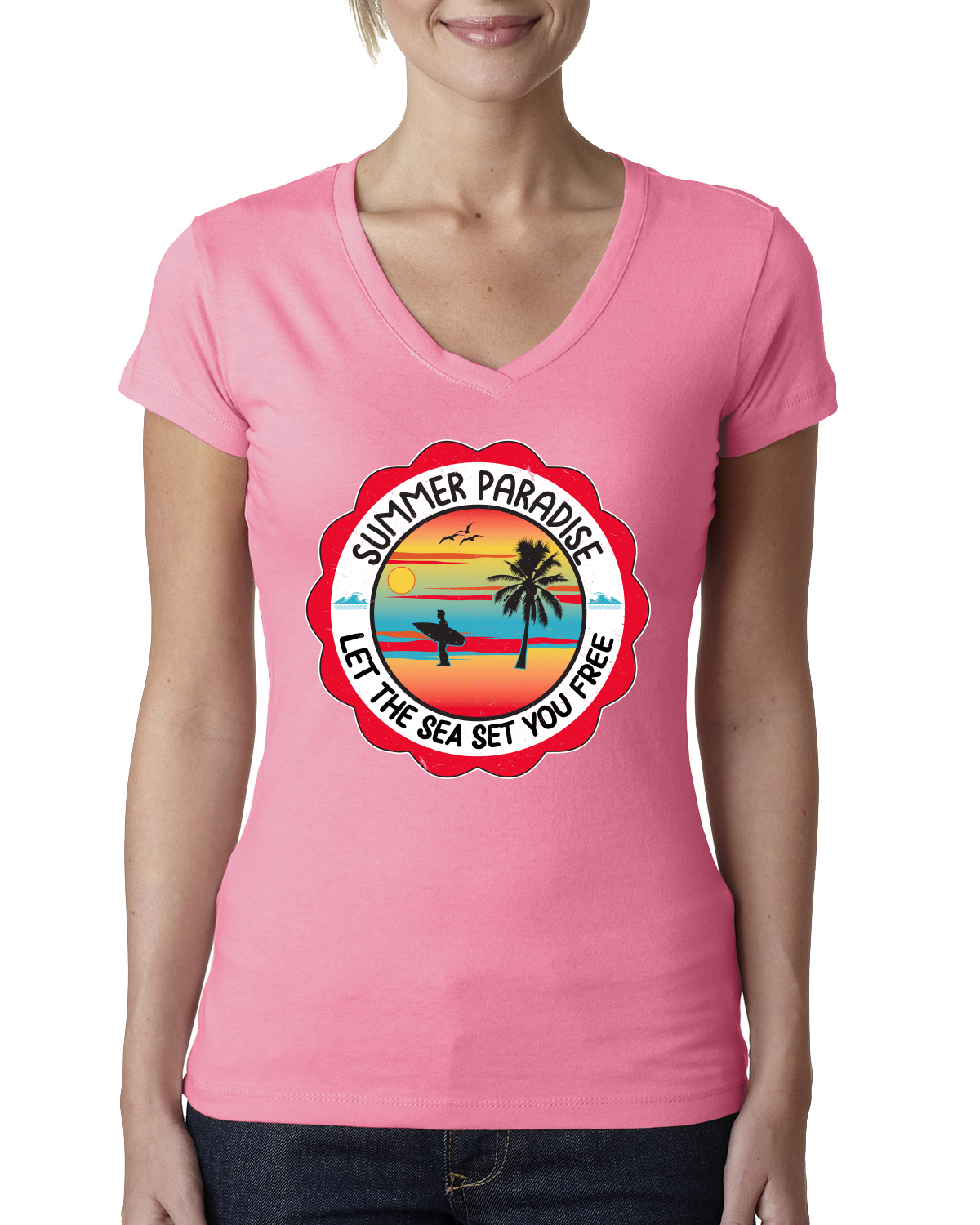 Camiseta Summer Paradise Let the Sea Set You Free Outdoor Mujeres Junior Fit cuello en V - Imagen 9 de 12