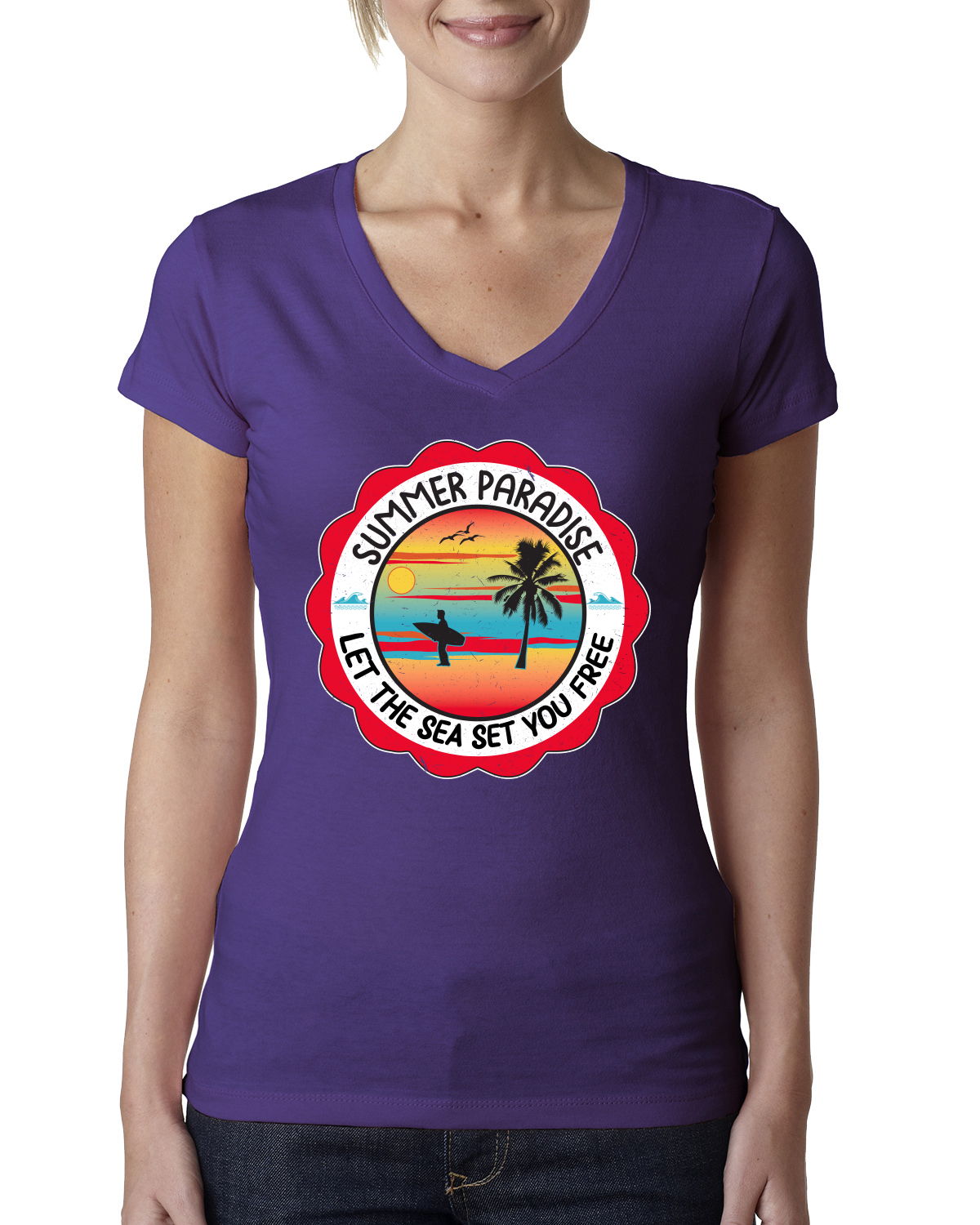 Camiseta Summer Paradise Let the Sea Set You Free Outdoor Mujeres Junior Fit cuello en V - Imagen 10 de 12