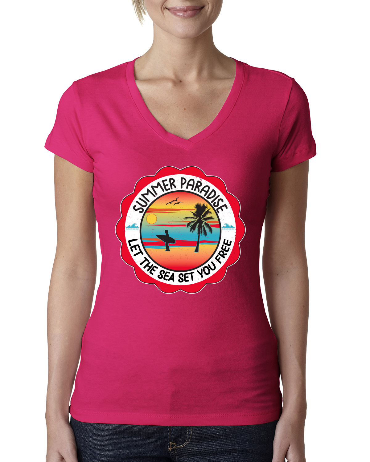 Camiseta Summer Paradise Let the Sea Set You Free Outdoor Mujeres Junior Fit cuello en V - Imagen 11 de 12