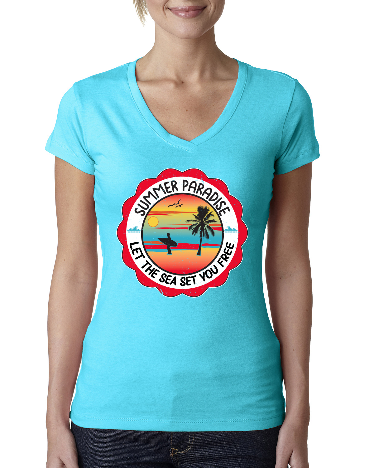Camiseta Summer Paradise Let the Sea Set You Free Outdoor Mujeres Junior Fit cuello en V - Imagen 12 de 12