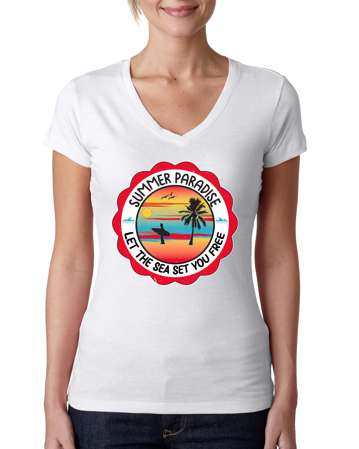 Camiseta Summer Paradise Let the Sea Set You Free Outdoor Mujeres Junior Fit cuello en V - Imagen 7 de 12