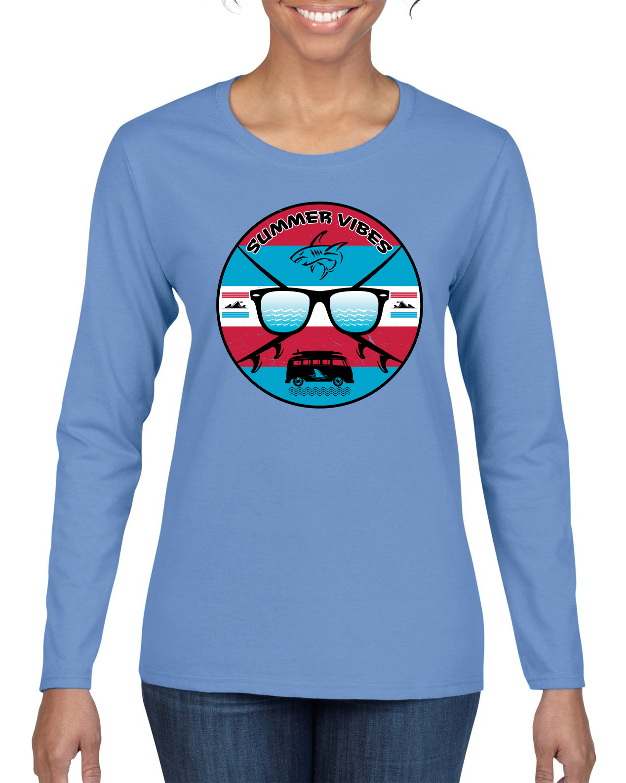 Gafas de sol retro playa vibraciones de verano exteriores mujeres gráfico manga larga camiseta - Imagen 12 de 12