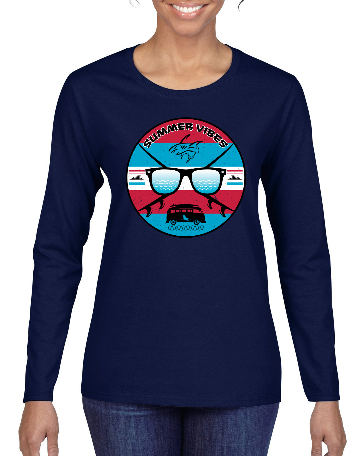 Gafas de sol retro playa vibraciones de verano exteriores mujeres gráfico manga larga camiseta - Imagen 7 de 12