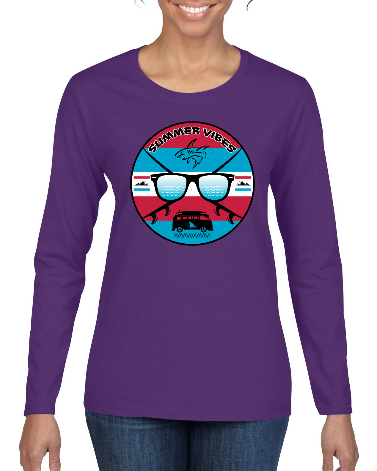 Gafas de sol retro playa vibraciones de verano exteriores mujeres gráfico manga larga camiseta - Imagen 8 de 12