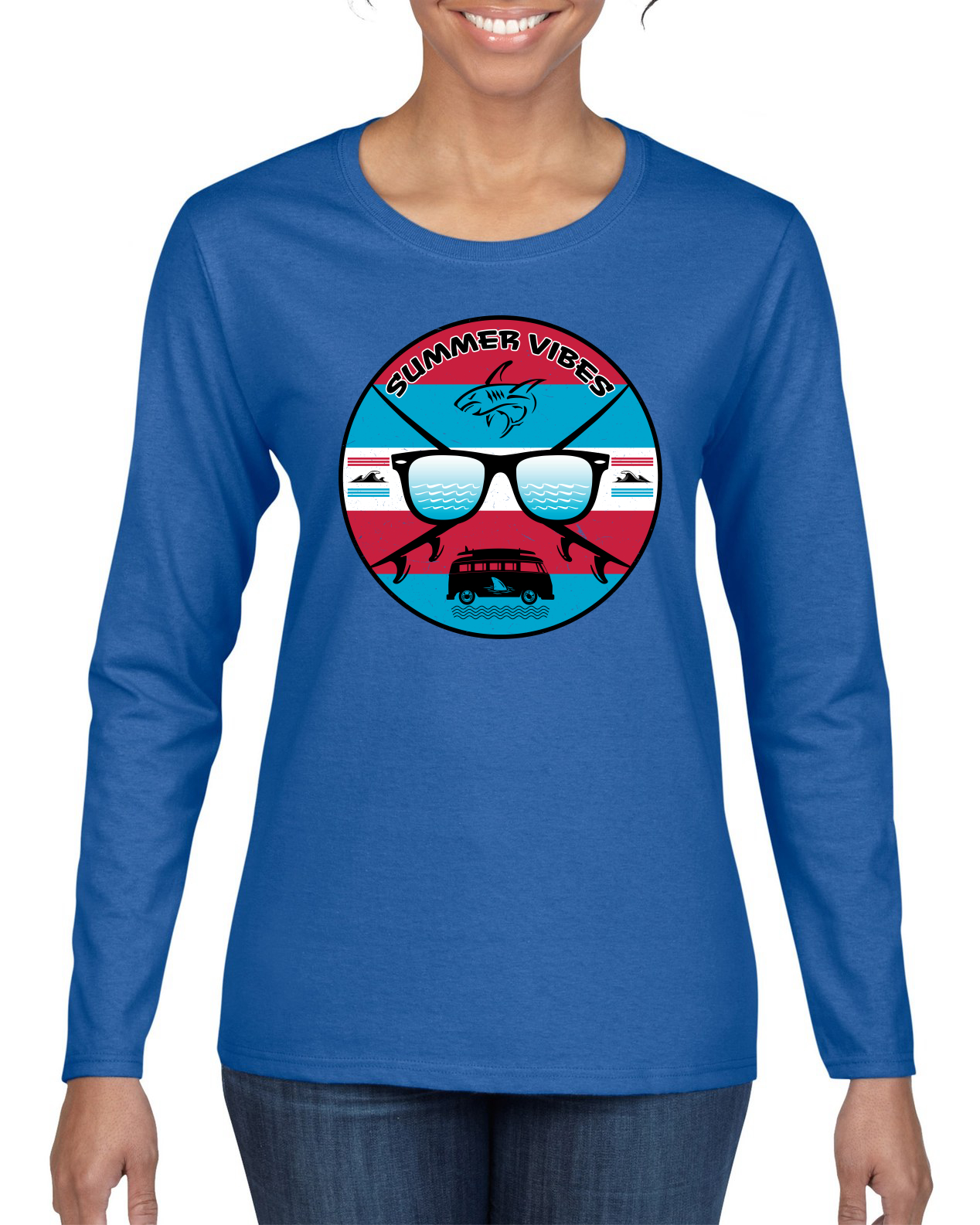 Gafas de sol retro playa vibraciones de verano exteriores mujeres gráfico manga larga camiseta - Imagen 10 de 12