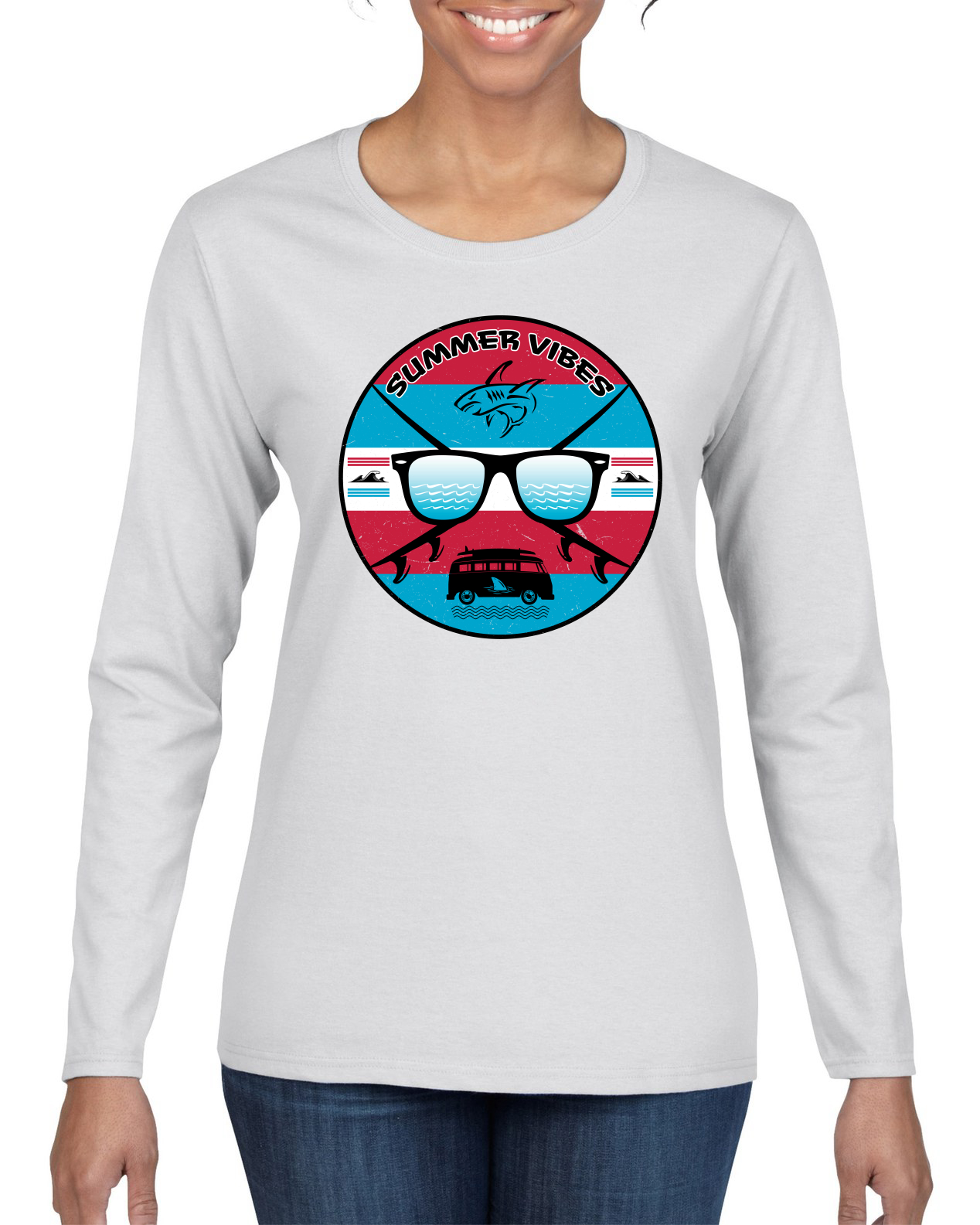 Gafas de sol retro playa vibraciones de verano exteriores mujeres gráfico manga larga camiseta - Imagen 11 de 12