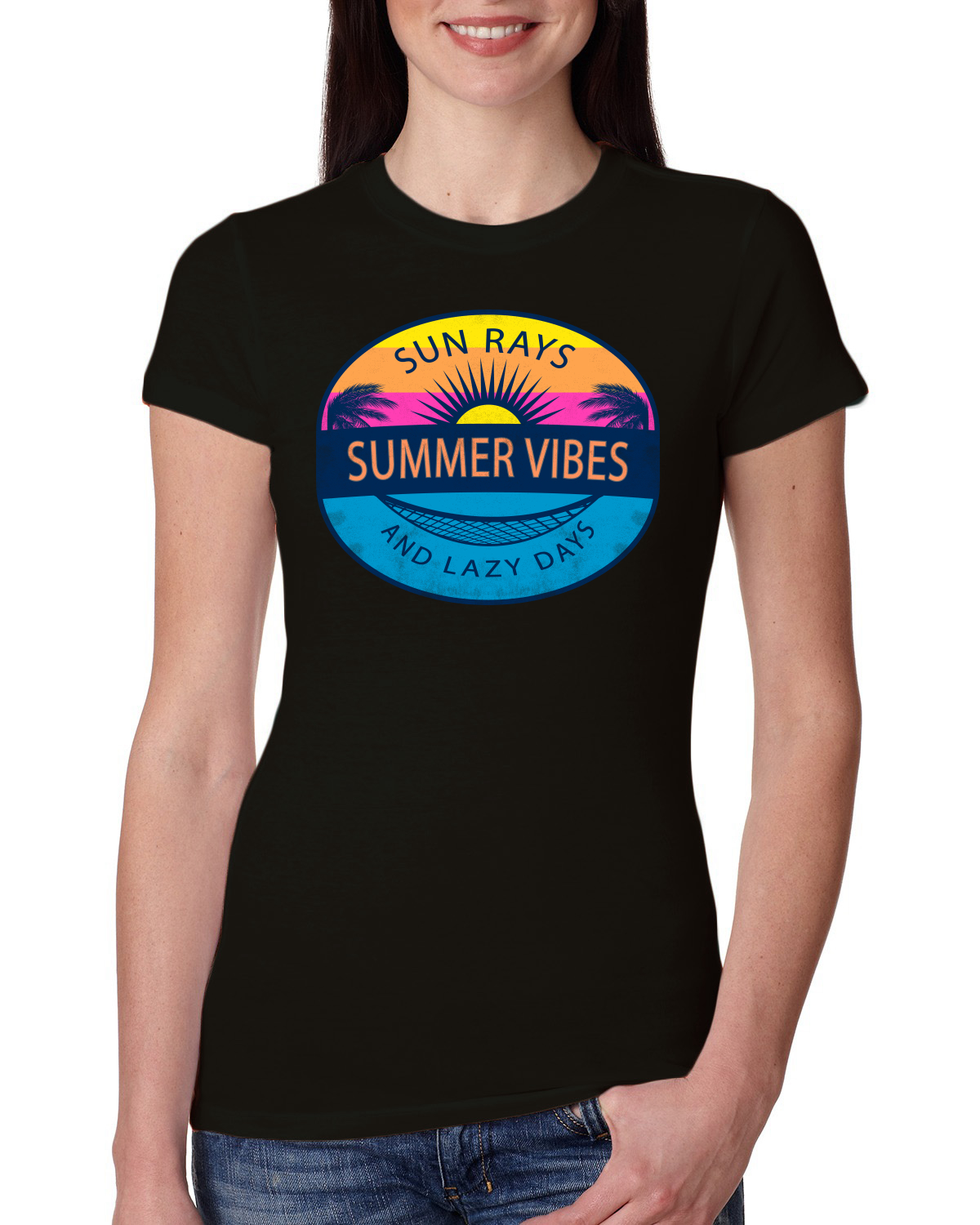 Sun Rays Summer Vibes And Lazy Days Outdoor Women Slim Fit Junior Tee - Picture 2 of 14