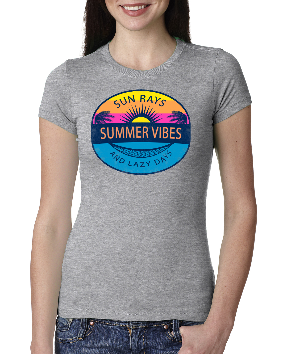 Sun Rays Summer Vibes And Lazy Days Outdoor Women Slim Fit Junior Tee - Picture 3 of 14