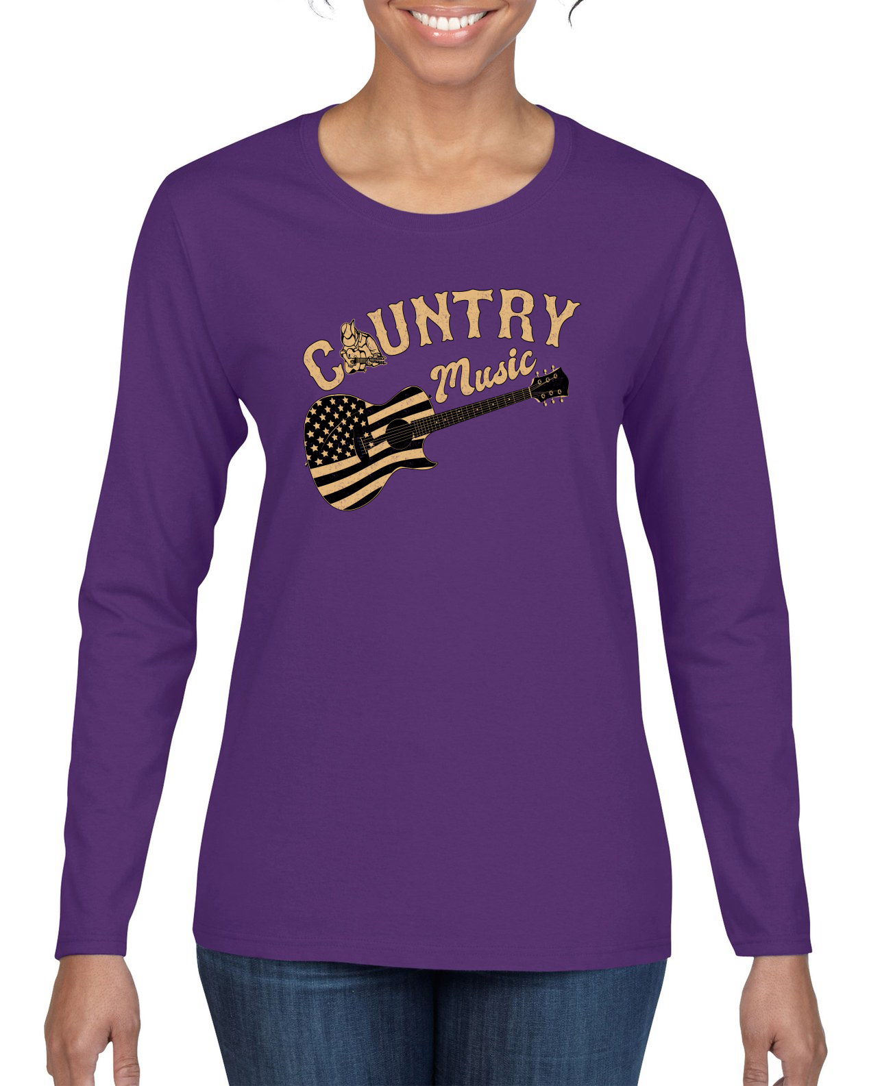 Guitarra vintage de música country bandera americana manga larga para mujer - Imagen 8 de 12