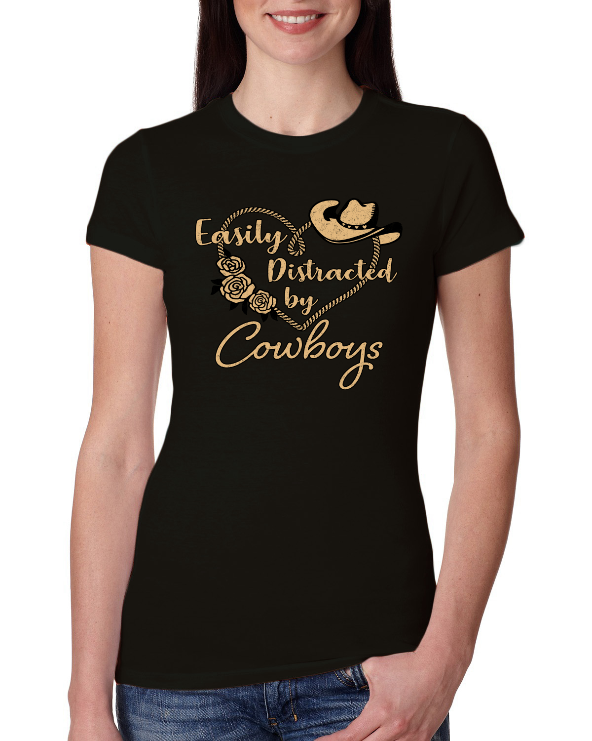 Easily Distracted by Cowboys Southern West Wild Women Slim Fit Junior Tee - Picture 3 of 15