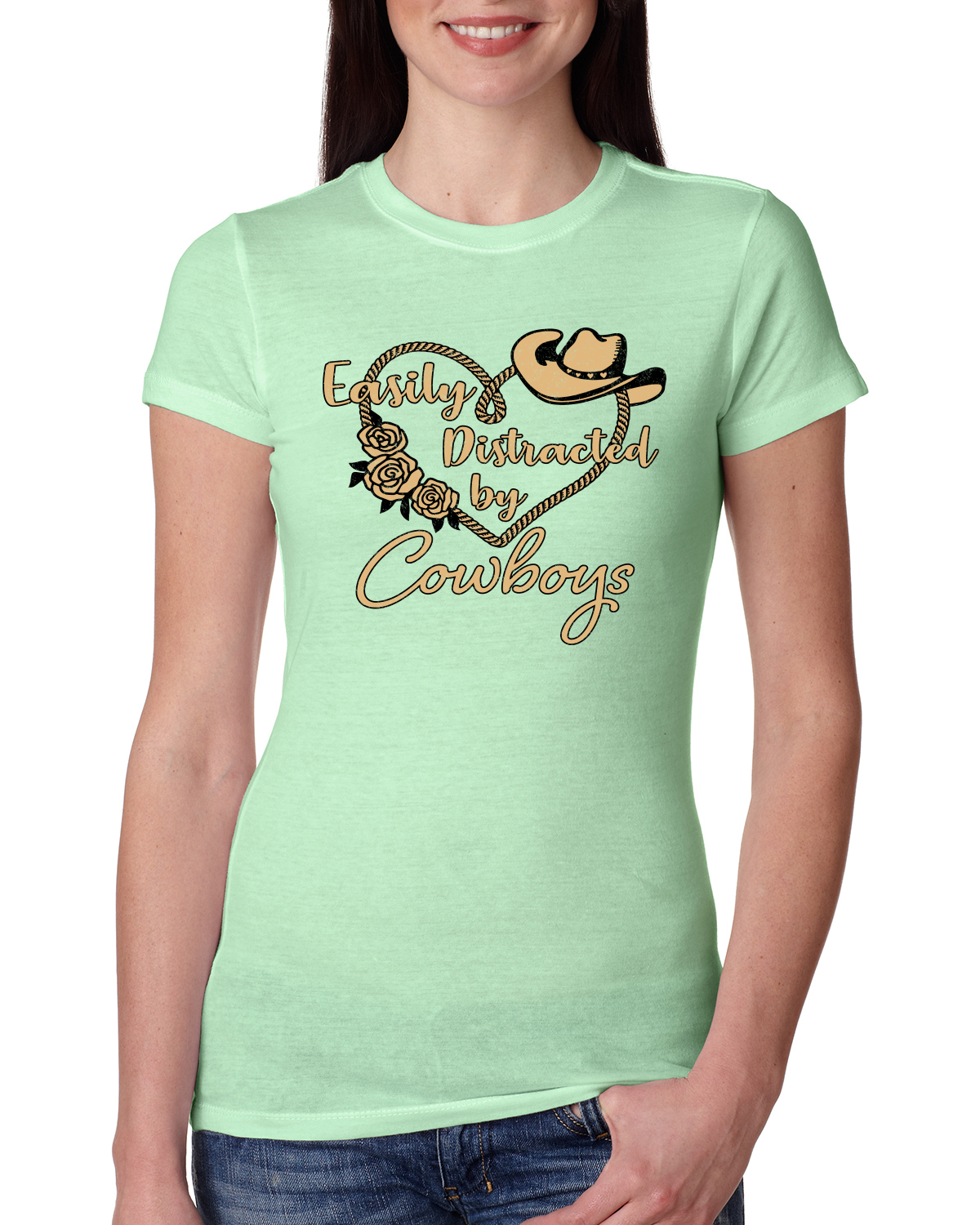 Easily Distracted by Cowboys Southern West Wild Women Slim Fit Junior Tee - Picture 12 of 15