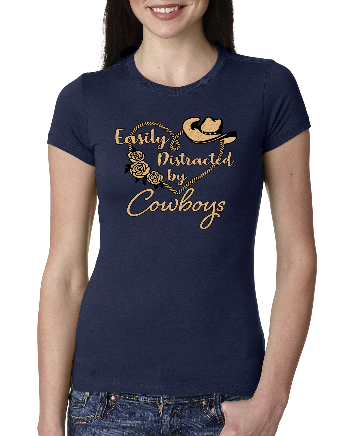 Easily Distracted by Cowboys Southern West Wild Women Slim Fit Junior Tee - Picture 6 of 15