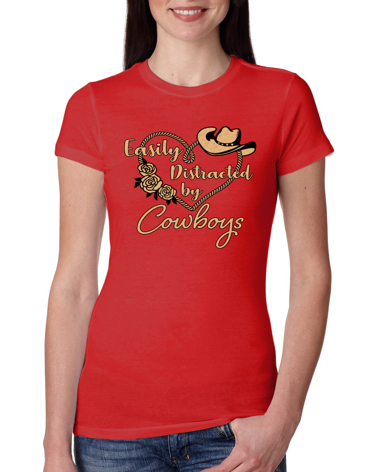 Easily Distracted by Cowboys Southern West Wild Women Slim Fit Junior Tee - Picture 7 of 15