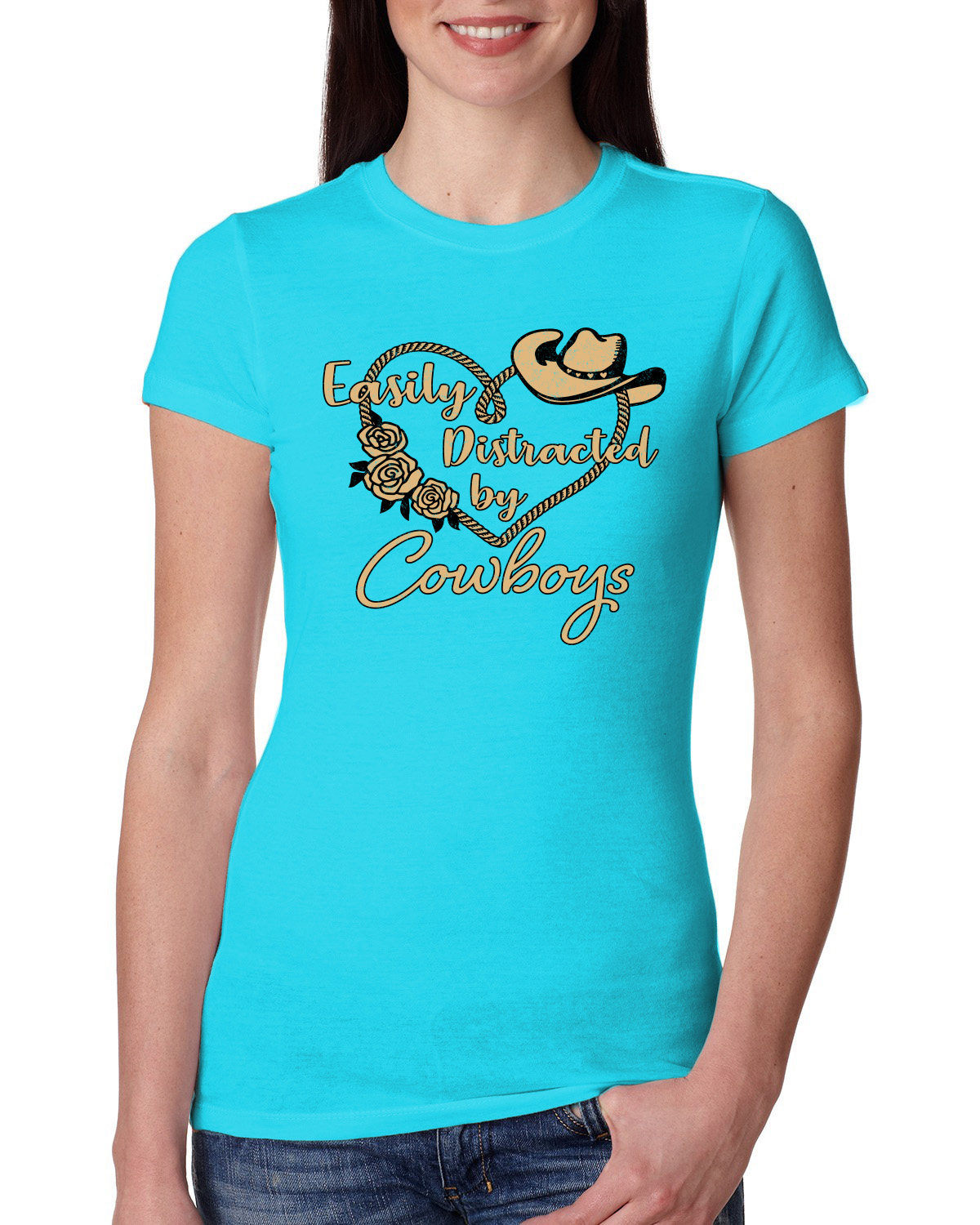 Easily Distracted by Cowboys Southern West Wild Women Slim Fit Junior Tee - Picture 15 of 15