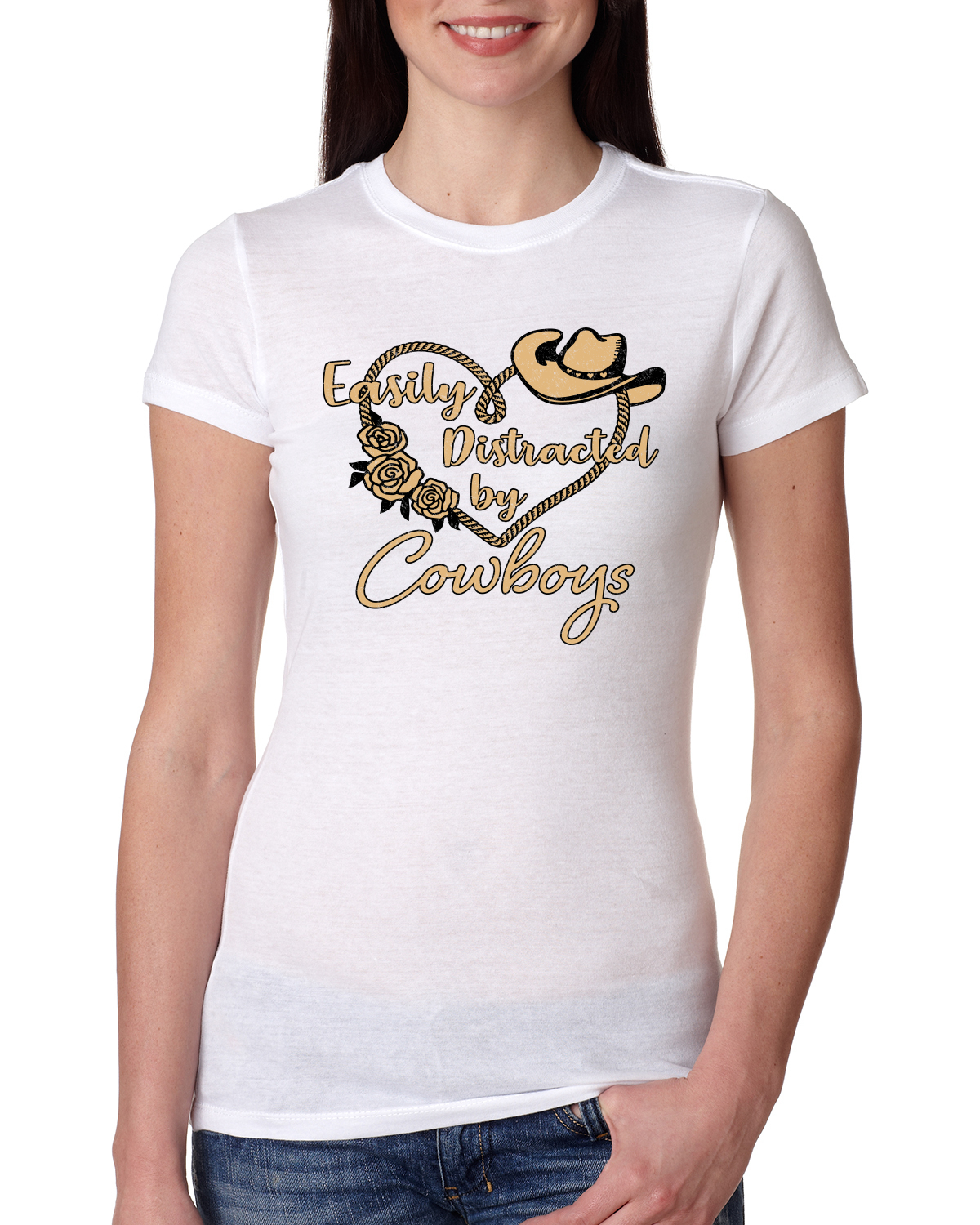 Easily Distracted by Cowboys Southern West Wild Women Slim Fit Junior Tee - Picture 9 of 15