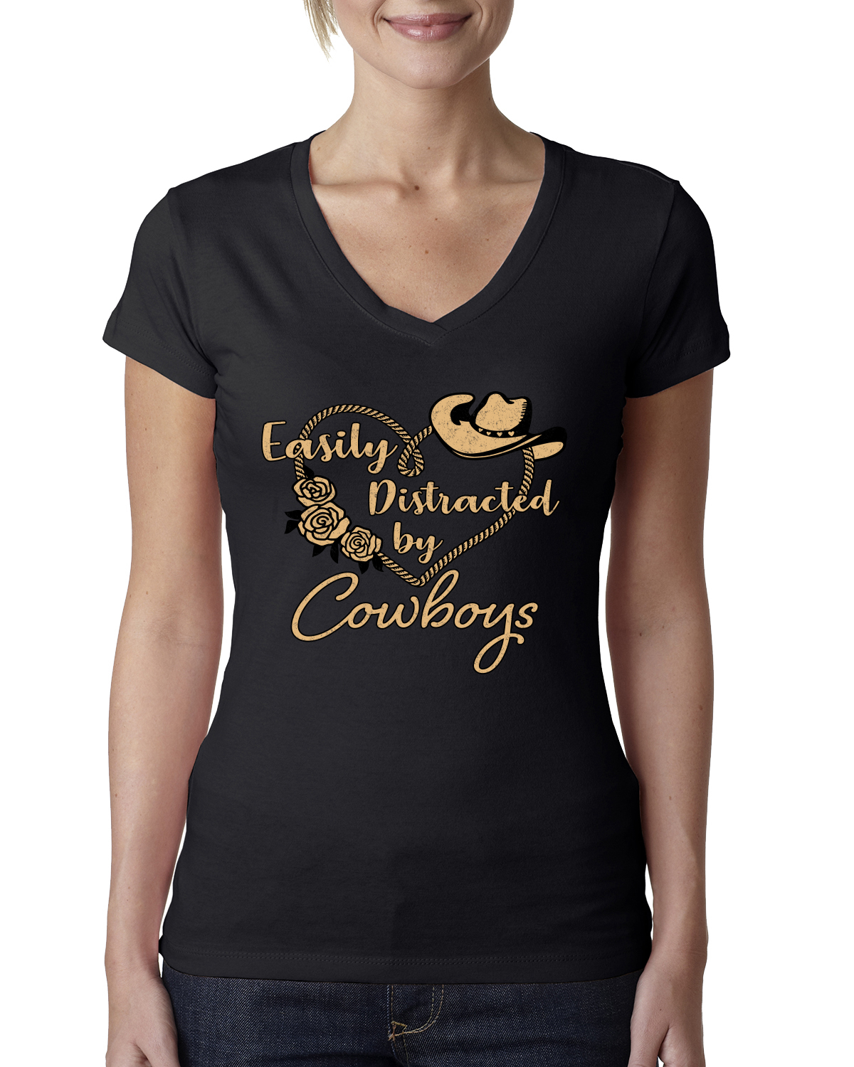 Easily Distracted by Cowboys Southern West Wild Women Junior V-Neck Tee - Picture 3 of 13