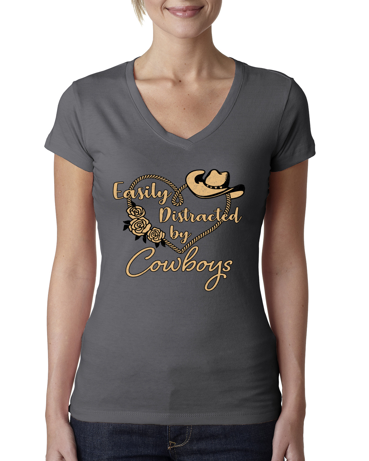 Easily Distracted by Cowboys Southern West Wild Women Junior V-Neck Tee - Picture 9 of 13