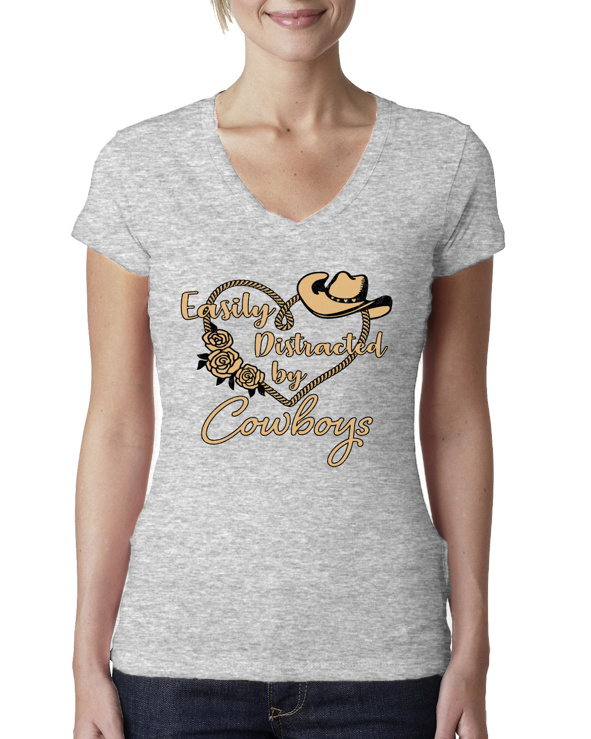 Easily Distracted by Cowboys Southern West Wild Women Junior V-Neck Tee - Picture 4 of 13